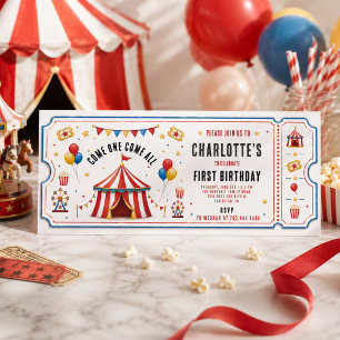 Modern Red Circus Ticket 1st Birthday   Any Gender Invitation