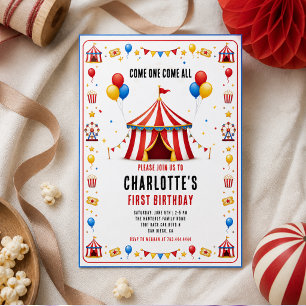 Modern Red Circus Ticket 1st Birthday   Any Gender Invitation