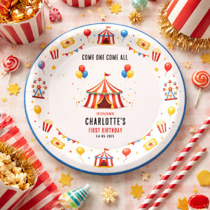 Modern Red Circus Ticket 1st Birthday Any Gender Paper Plate