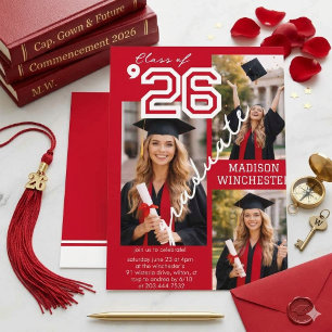 Modern Red Class of 2026 3-Photo Graduation Invite