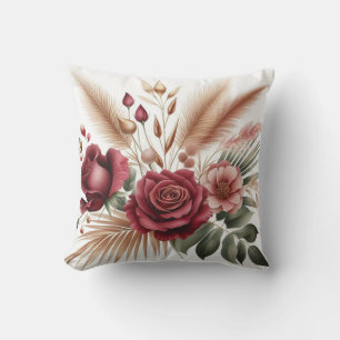 Modern red colour rose flower with eucalyptus throw pillow