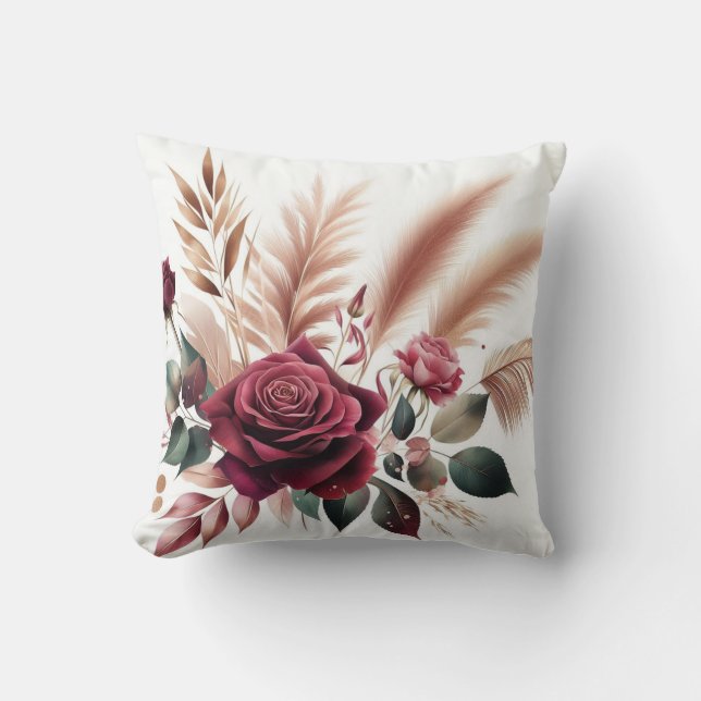 Modern red colour rose flower with pampas grass throw pillow (Front)