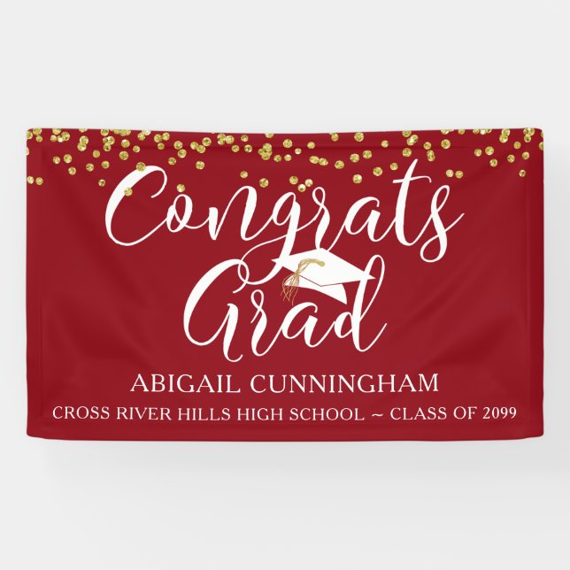 Modern Red CONGRATS GRAD Script Confetti Banner (Horizontal)