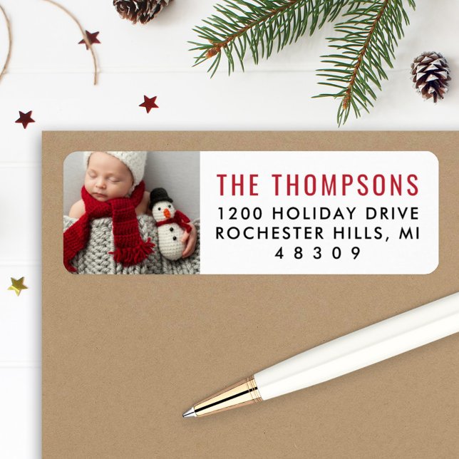 Modern Red Custom Christmas Photo Return Address (Creator Uploaded)