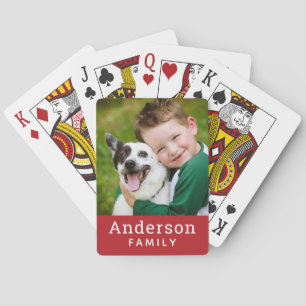 Modern Red Custom Family Name Photo Playing Cards