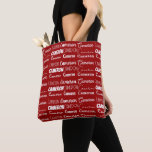 Modern Red Customized Name Collage Tote Bag<br><div class="desc">A modern personalized red allover tote bag gift for decorated in nine different fonts spelling your name in white typography. Cool customizable present for with fun cursive script.</div>
