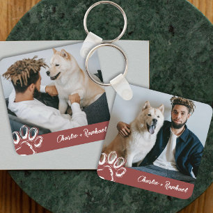 Modern Red Dog Lover Pet Photo Paw Print Keychain
