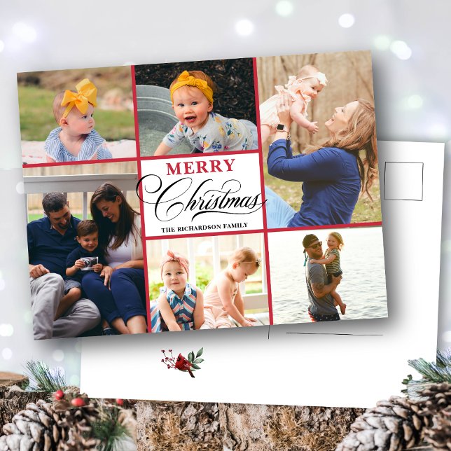 Modern Red Elegant Calligraphy Photo Collage Chic  Holiday Postcard (Creator Uploaded)