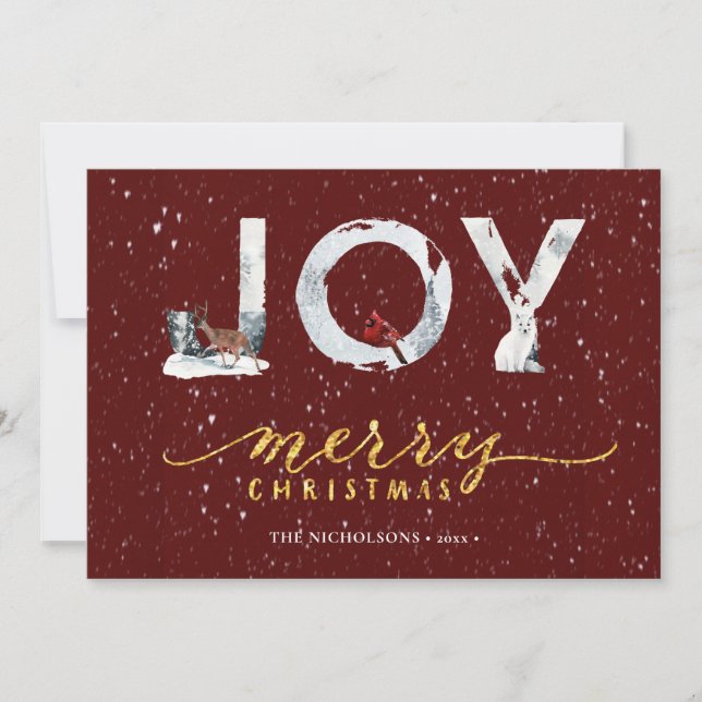 Modern Red Elegant Gold Script JOY Snow Overlay Holiday Card (Front)