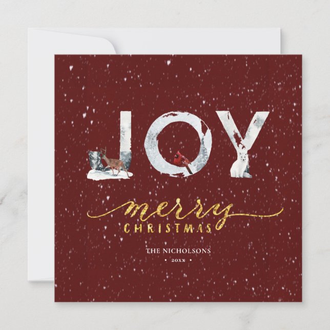 Modern Red Elegant Gold Script JOY Snow Overlay Holiday Card (Front)