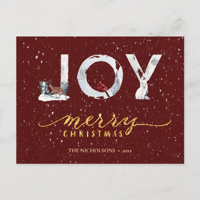 Modern Red Elegant Gold Script JOY Snow Overlay Holiday Postcard (Front)