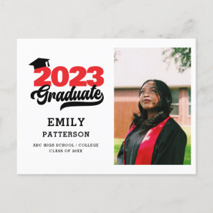 Modern Red Elegant Script Photo Graduation Party Invitation Postcard