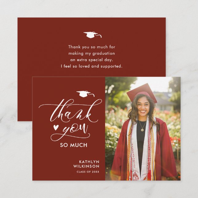 Modern Red Elegant Script Photo Simple Graduation Thank You Card (Front/Back)