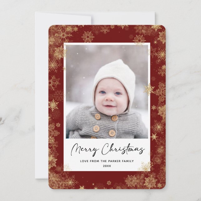 Modern Red Elegant Script Snowflakes Bokeh Overlay Holiday Card (Front)