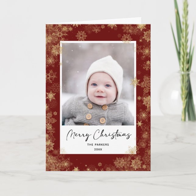 Modern Red Elegant Script Snowflakes Bokeh Overlay Holiday Card (Front)