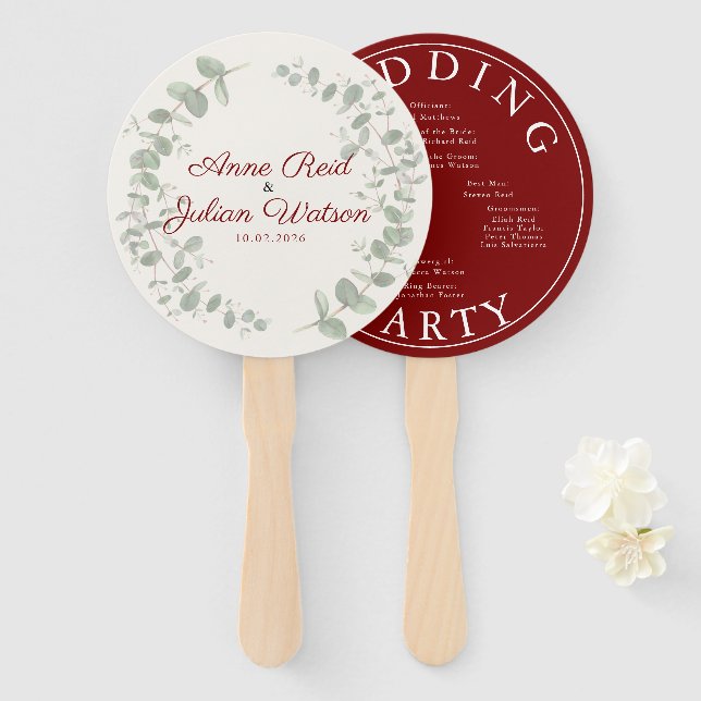 Modern Red eucalyptus leaves Program Hand Fan (Front and Back)