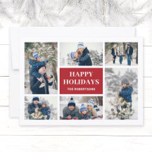Modern Red Family 8 Photo Collage Christmas Card
