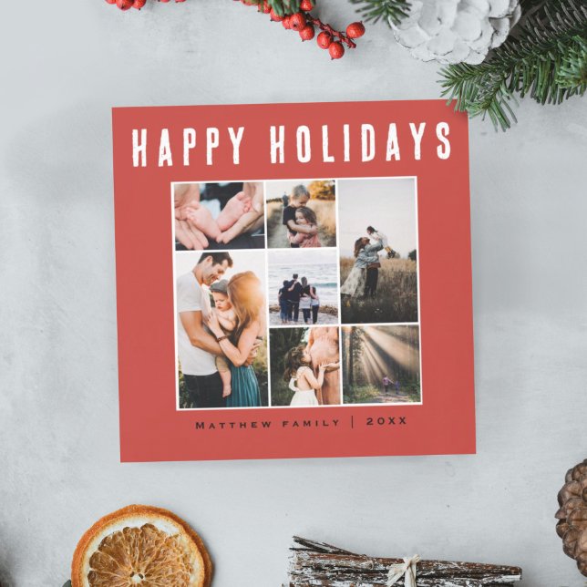 Modern Red Family Photo Collage Happy Holidays Holiday Card (Creator Uploaded)