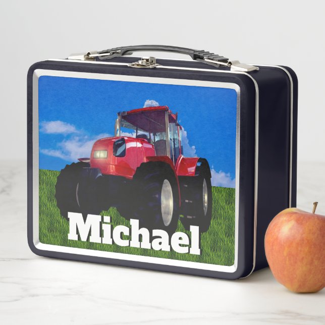 Modern Red Farm Tractor Metal Lunch Box (In Situ)