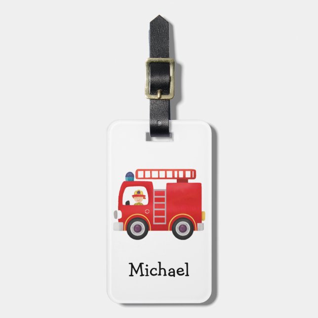 Modern Red Fire Truck Personalized Name  Luggage Tag (Front Vertical)