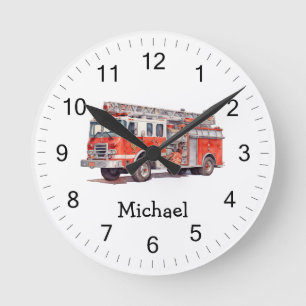 Modern Red Fire Truck Personalized Name Round Clock