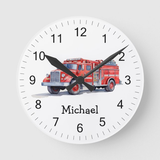 Modern Red Fire Truck Personalized Name Round Clock (Front)