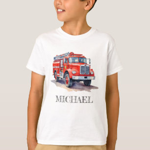 Modern Red Fire Truck Personalized Name T-Shirt