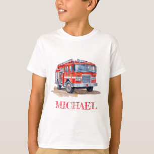 Modern Red Fire Truck Personalized Name T-Shirt