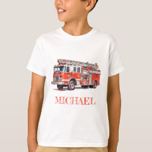 Modern Red Fire Truck Personalized Name T-Shirt