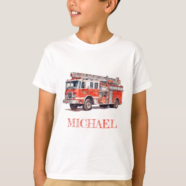 Modern Red Fire Truck Personalized Name T-Shirt (Front)