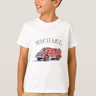 Modern Red Fire Truck Personalized Name T-Shirt