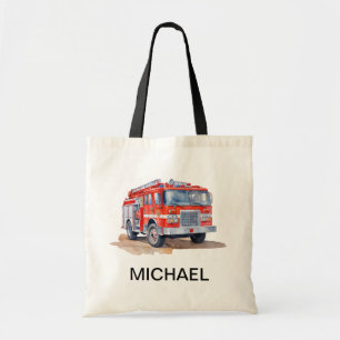 Modern Red Fire Truck Personalized Name Tote Bag