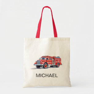 Modern Red Fire Truck Personalized Name Tote Bag