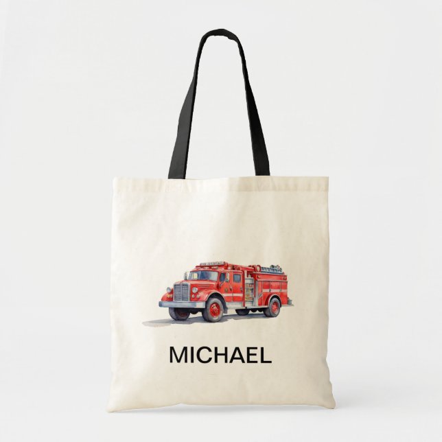 Modern Red Fire Truck Personalized Name Tote Bag (Front)