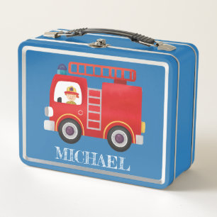 Modern Red Fire Truck Personalized Name Trucker Ha Metal Lunch Box