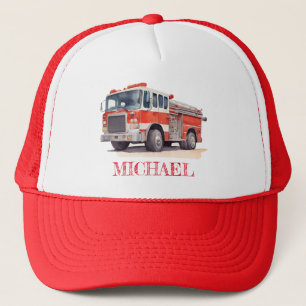 Modern Red Fire Truck Personalized Name Trucker Hat
