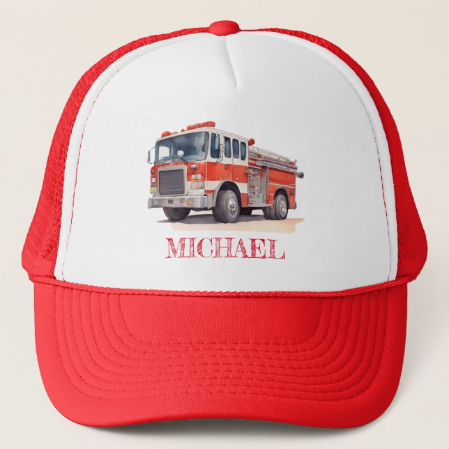Modern Red Fire Truck Personalized Name Trucker Hat (Front)