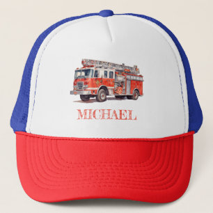 Modern Red Fire Truck Personalized Name Trucker Hat