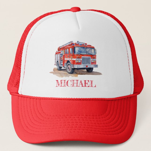 Modern Red Fire Truck Personalized Name Trucker Hat (Front)