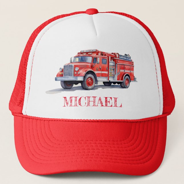 Modern Red Fire Truck Personalized Name Trucker Hat (Front)