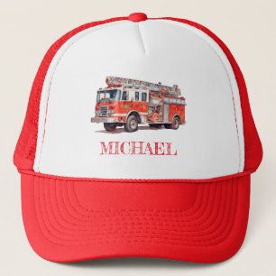 Modern Red Fire Truck Personalized Name Trucker Hat