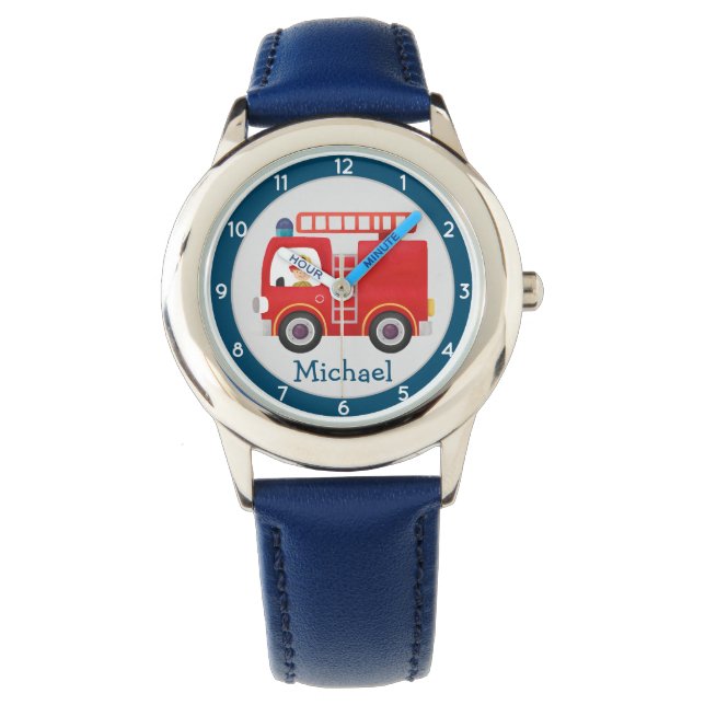 Modern Red Fire Truck Personalized Name Watch (Front)