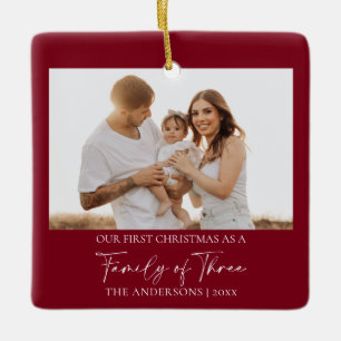 Modern Red First Christmas Family of Three Ceramic Ornament