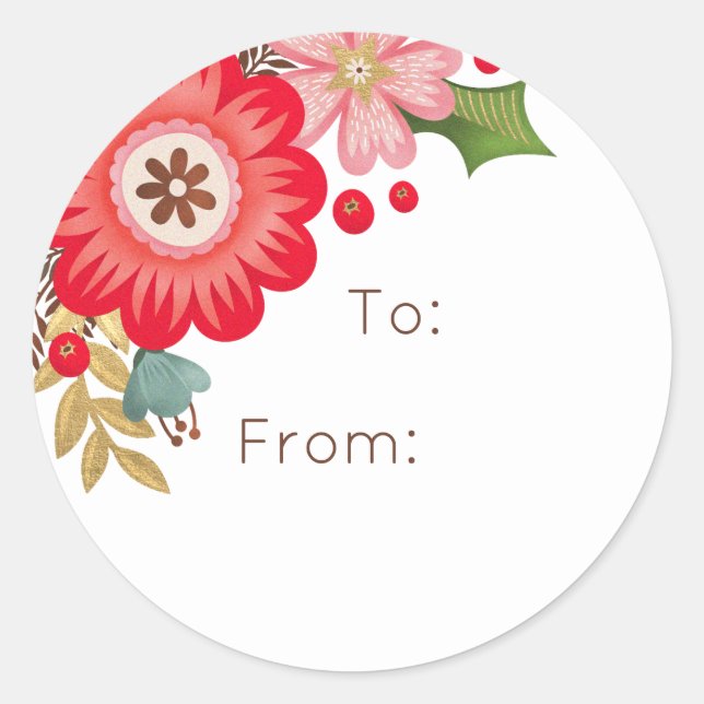 Modern Red Floral Christmas Round Gift Sticker (Front)