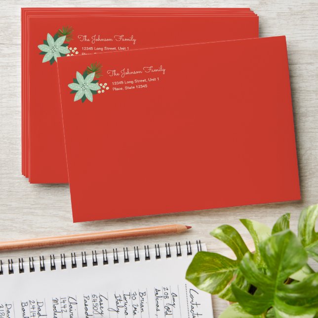 Modern Red Floral Merry Christmas Pre-addressed Envelope (Stacked)