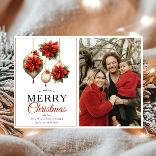Modern Red Floral Ornaments Merry Christmas Photo Holiday Card