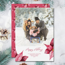 Modern Red Floral Photo Christmas Holiday Card
