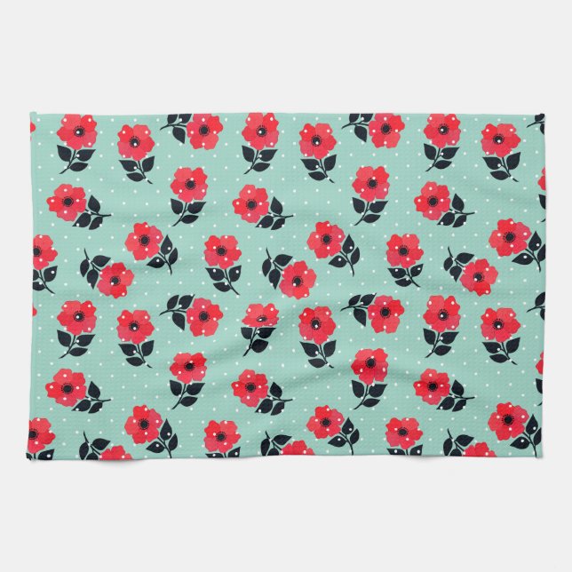 Modern Red Flowers Aqua Blue Polka Dots Kitchen Towel (Horizontal)