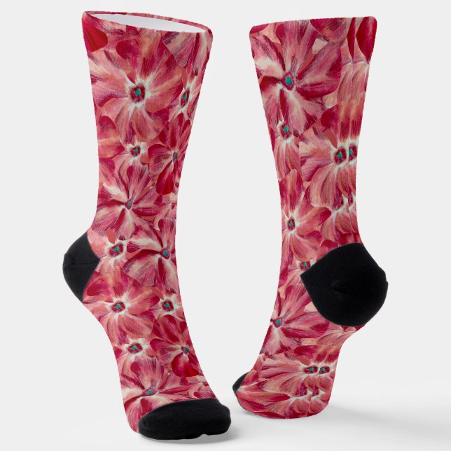 Modern Red Flowers Watercolor Floral Pattern Socks (Angled)