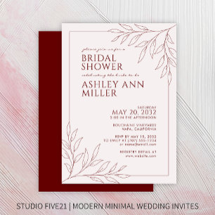 Modern Red Foliage Outline Wedding Bridal Shower Invitation